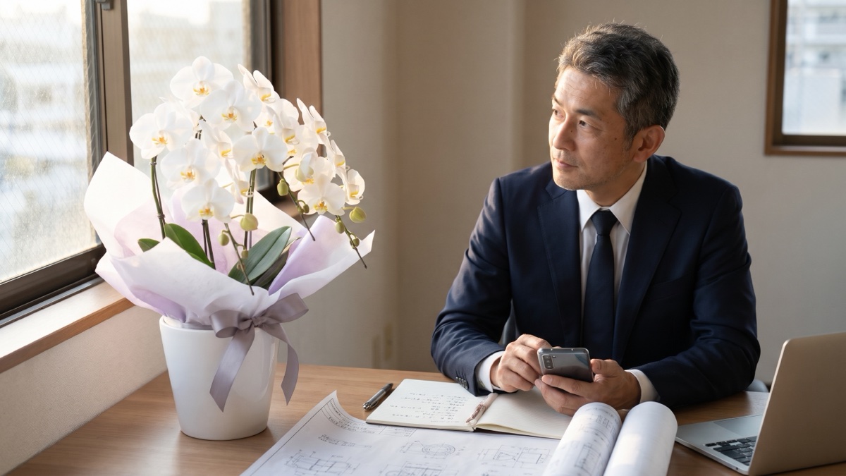 白い胡蝶蘭のお供え花を前に、供花の手配を考えるスーツ姿の中年男性